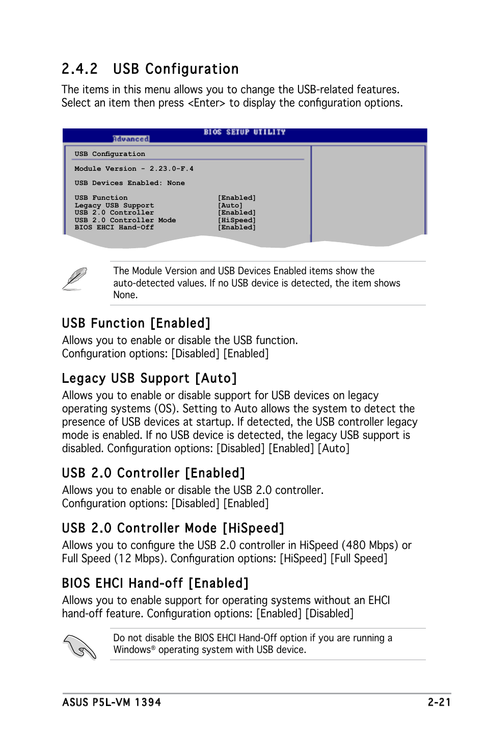 2 usb configuration, Usb function [enabled, Legacy usb support [auto | Usb 2.0 controller [enabled, Usb 2.0 controller mode [hispeed, Bios ehci hand-off [enabled | Asus P5L-VM 1394 User Manual | Page 67 / 96