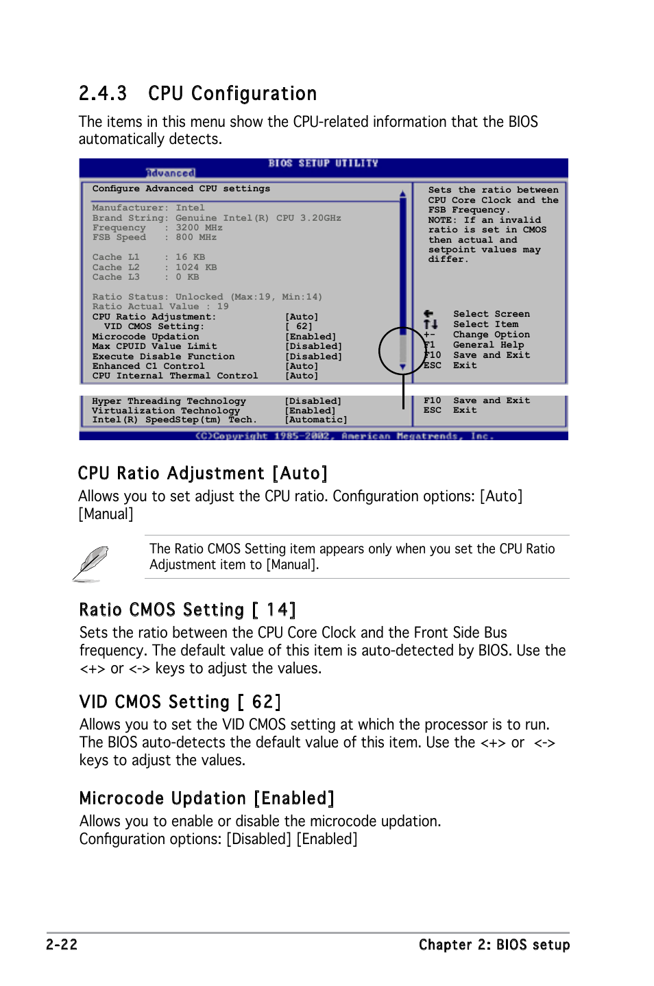 3 cpu configuration, Cpu ratio adjustment [auto, Ratio cmos setting [ 14 | Vid cmos setting [ 62, Microcode updation [enabled | Asus P5L-VM 1394 User Manual | Page 68 / 96