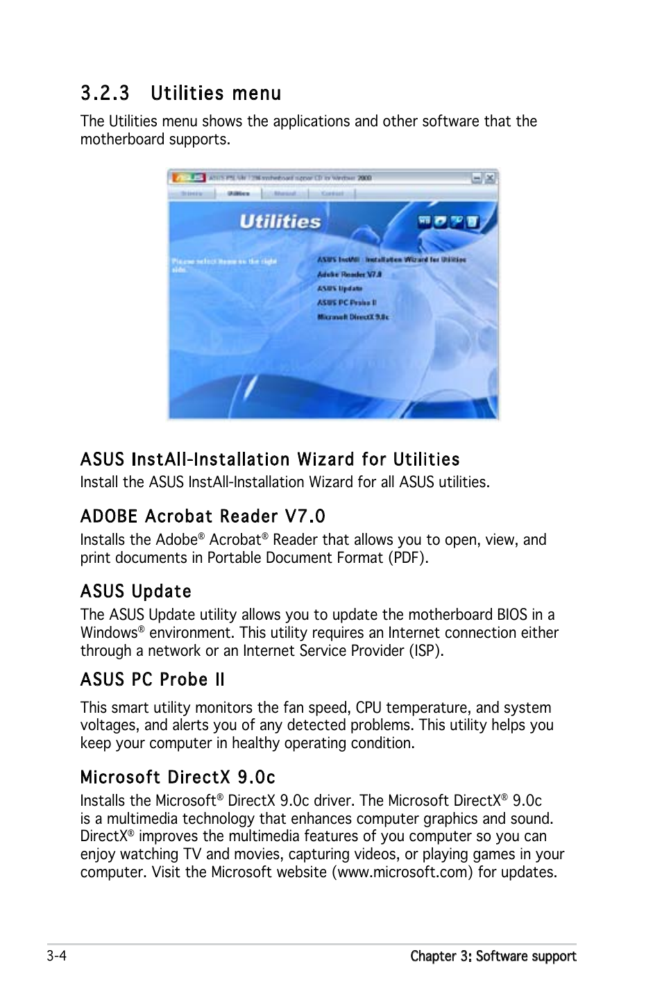 3 utilities menu, Asus install-installation wizard for utilities, Adobe acrobat reader v7.0 | Asus update, Asus pc probe ii, Microsoft directx 9.0c | Asus P5L-VM 1394 User Manual | Page 90 / 96