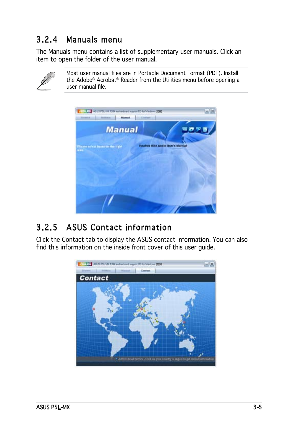 4 manuals menu, 5 asus contact information | Asus P5L-VM 1394 User Manual | Page 91 / 96