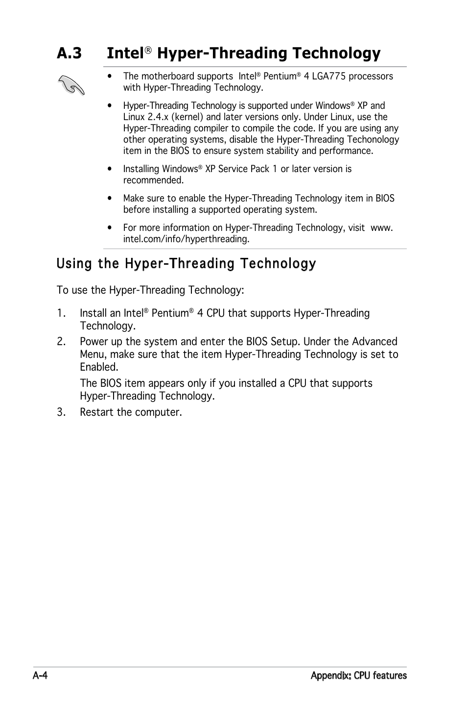A.3 intel, Hyper-threading technology, Using the hyper-threading technology | Asus P5L-VM 1394 User Manual | Page 96 / 96