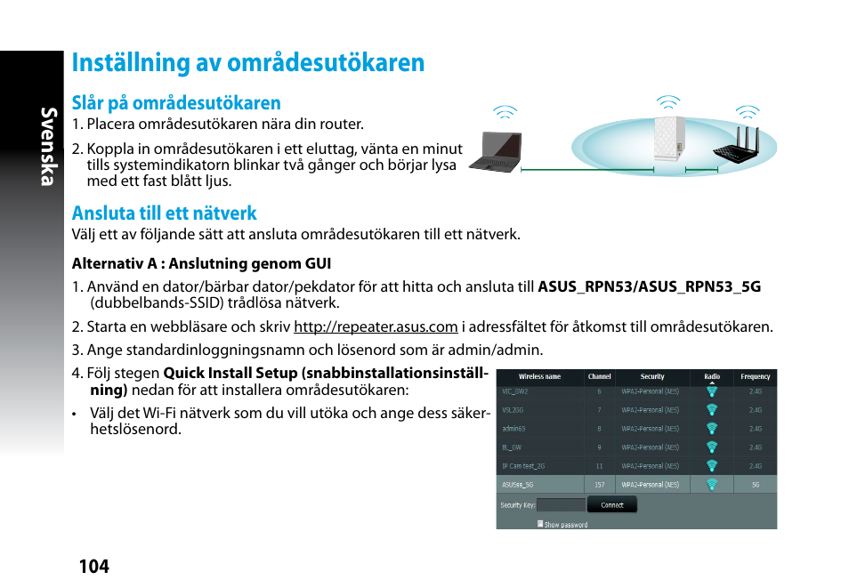 Inställning av områdesutökaren, Sv ensk a | Asus RP-N53 User Manual | Page 104 / 119