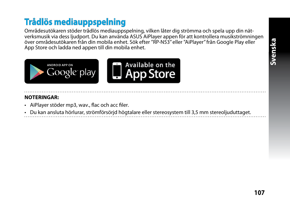 Trådlös mediauppspelning, Sv ensk a | Asus RP-N53 User Manual | Page 107 / 119