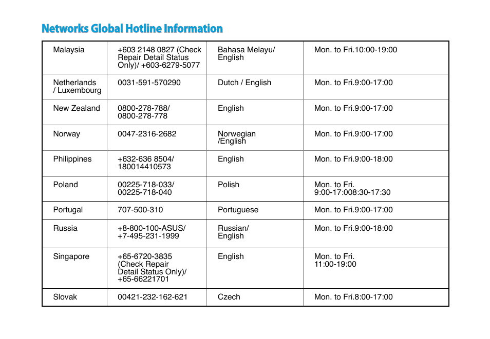 Networks global hotline information | Asus RP-N53 User Manual | Page 117 / 119