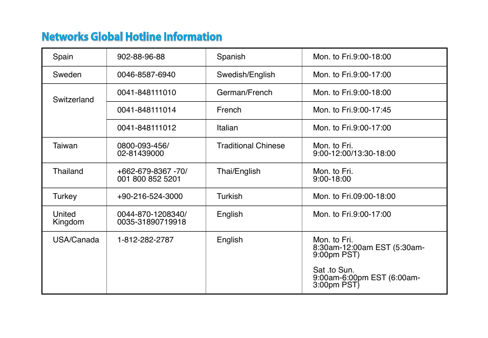 Networks global hotline information | Asus RP-N53 User Manual | Page 118 / 119