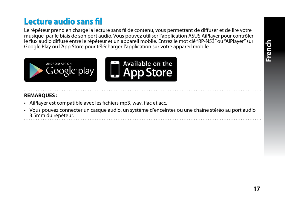 Lecture audio sans fil, Fr ench | Asus RP-N53 User Manual | Page 17 / 119