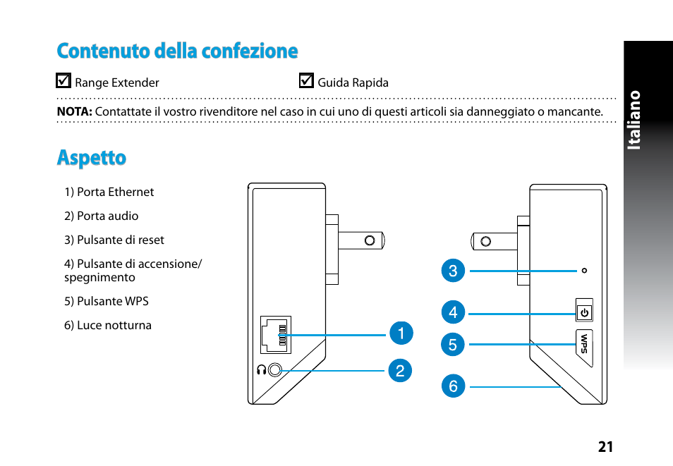 Contenuto della confezione, Aspetto, Italiano | Asus RP-N53 User Manual | Page 21 / 119