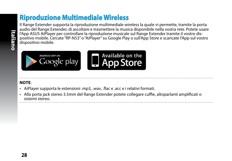 Riproduzione multimediale wireless, Italiano | Asus RP-N53 User Manual | Page 28 / 119