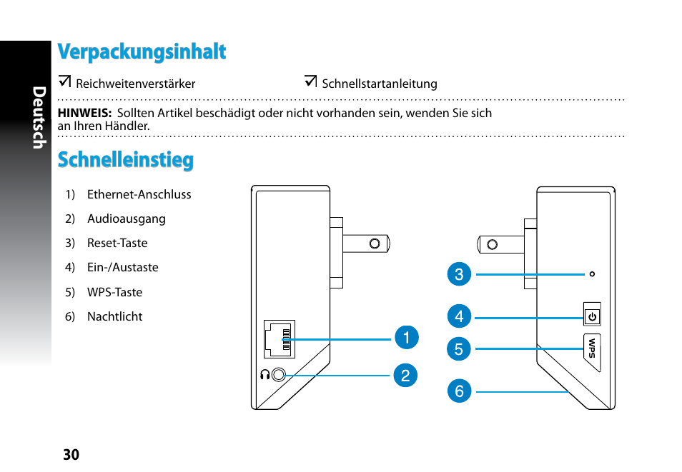 Verpackungsinhalt, Schnelleinstieg, Deutsch | Asus RP-N53 User Manual | Page 30 / 119