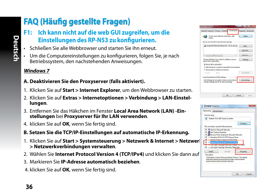 Faq (häufig gestellte fragen), Deutsch | Asus RP-N53 User Manual | Page 36 / 119