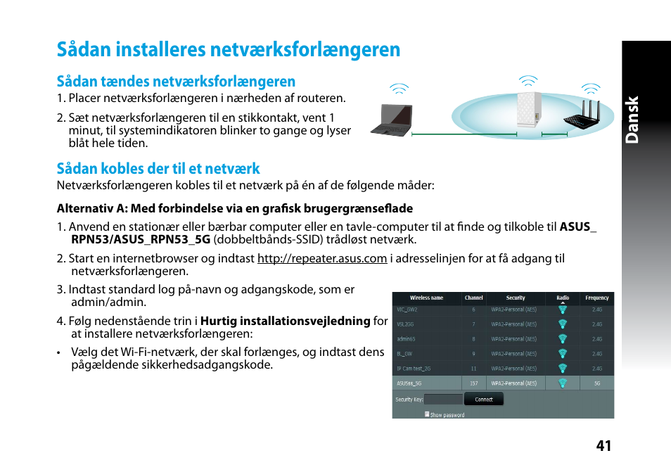 Sådan installeres netværksforlængeren, Dansk | Asus RP-N53 User Manual | Page 41 / 119