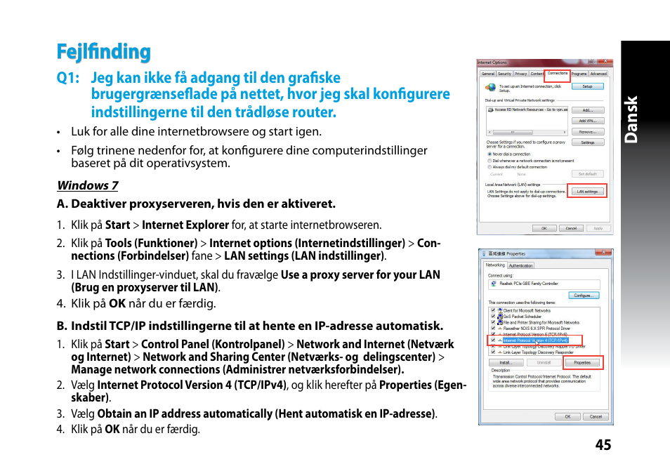 Fejlfinding, Dansk | Asus RP-N53 User Manual | Page 45 / 119