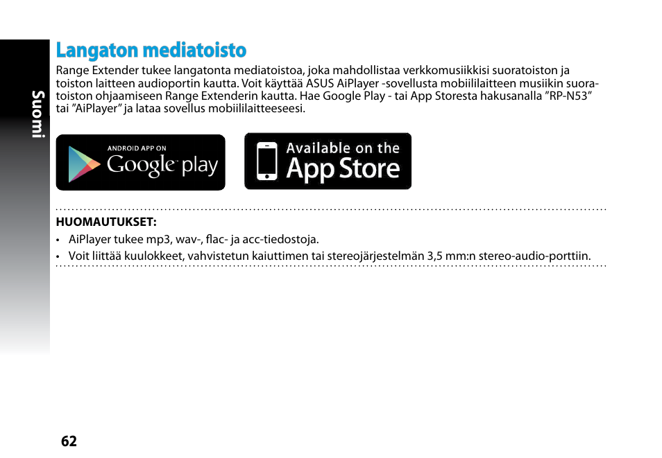 Langaton mediatoisto, Suomi | Asus RP-N53 User Manual | Page 62 / 119