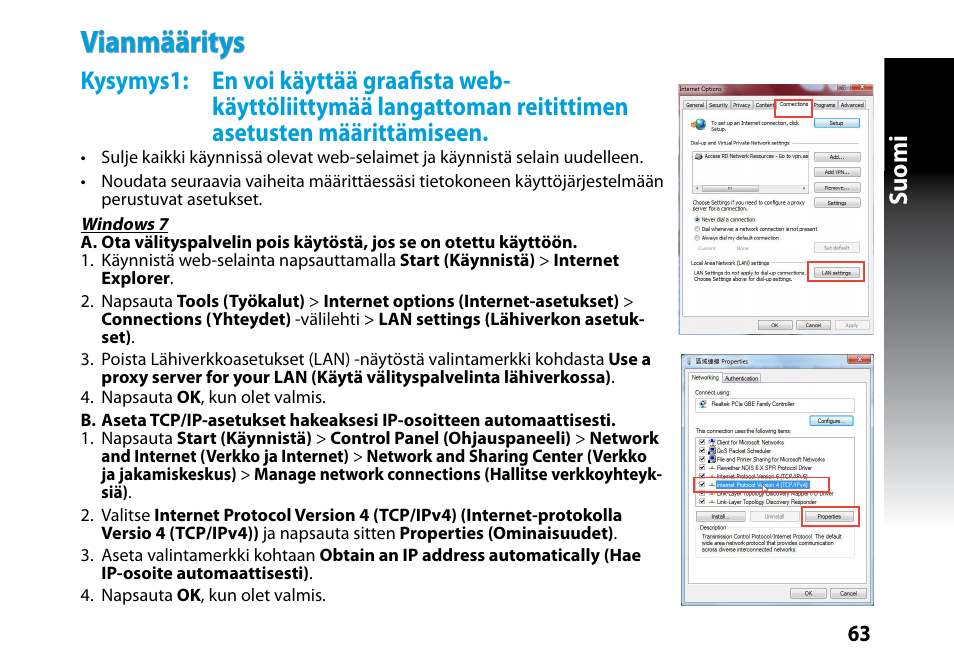 Vianmääritys, Suomi | Asus RP-N53 User Manual | Page 63 / 119