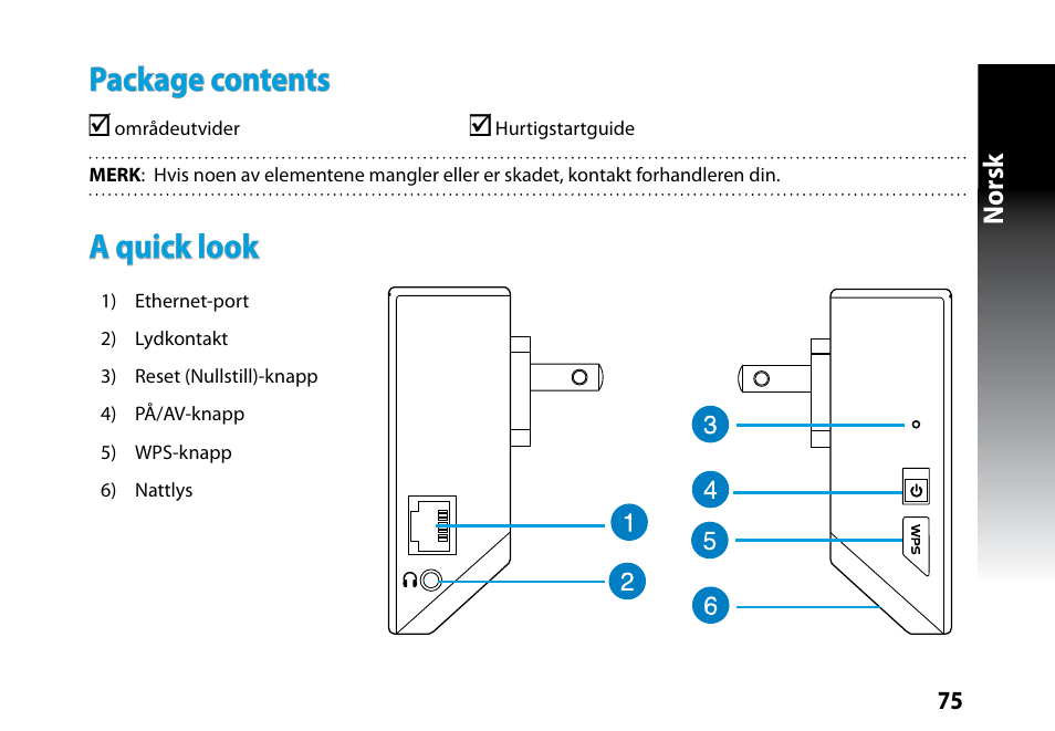 Package contents, A quick look, Norsk | Asus RP-N53 User Manual | Page 75 / 119