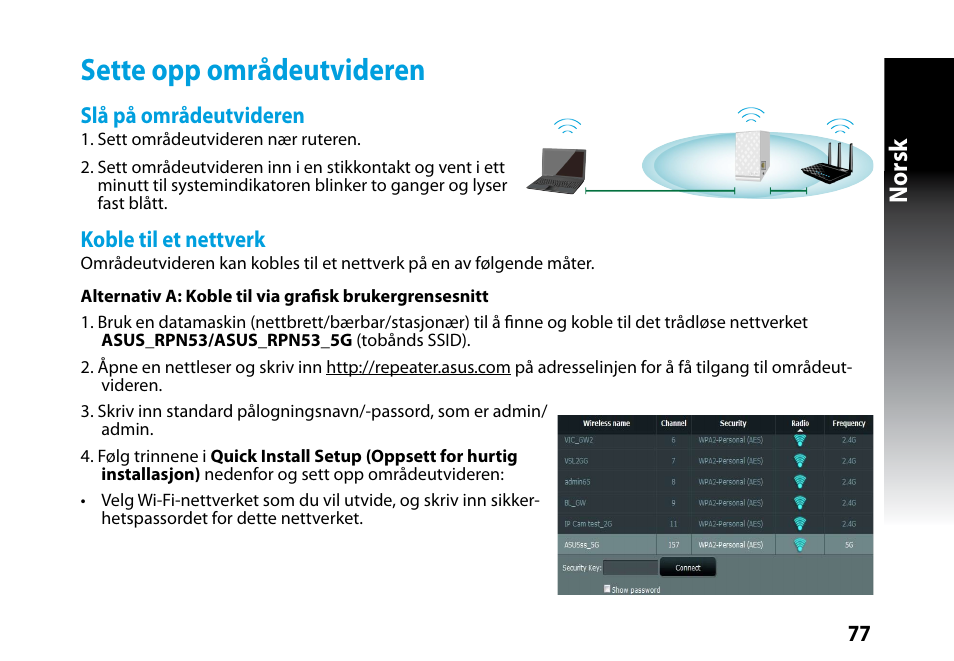 Sette opp områdeutvideren, Norsk | Asus RP-N53 User Manual | Page 77 / 119