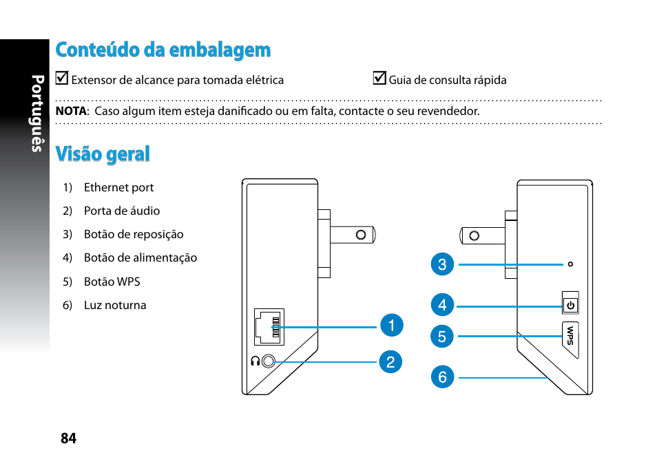 Visão geral conteúdo da embalagem, Por tuguês | Asus RP-N53 User Manual | Page 84 / 119