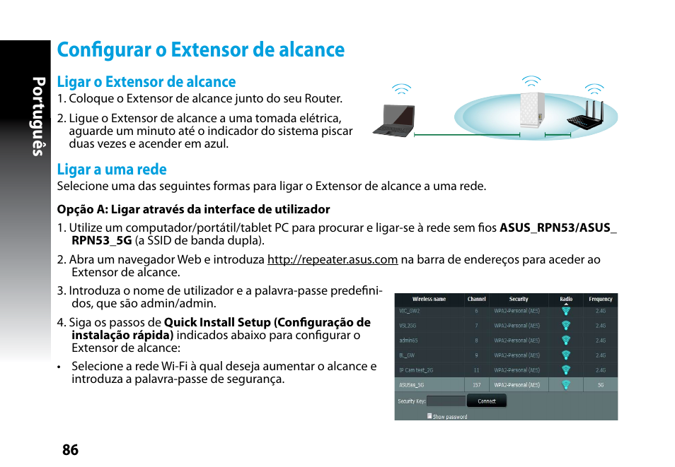 Configurar o extensor de alcance, Por tuguês | Asus RP-N53 User Manual | Page 86 / 119