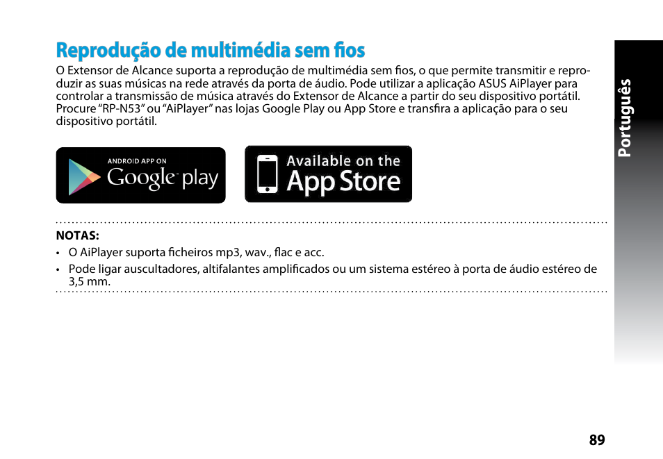 Reprodução de multimédia sem fios, Por tuguês | Asus RP-N53 User Manual | Page 89 / 119