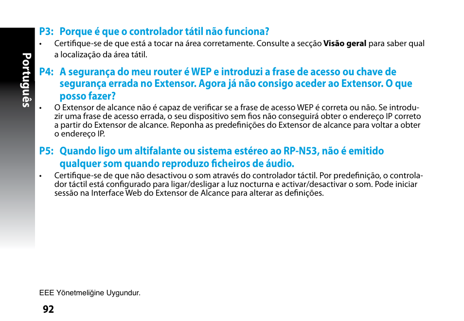 Por tuguês | Asus RP-N53 User Manual | Page 92 / 119