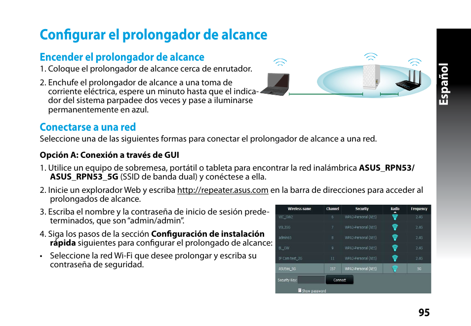 Configurar el prolongador de alcance, Español | Asus RP-N53 User Manual | Page 95 / 119