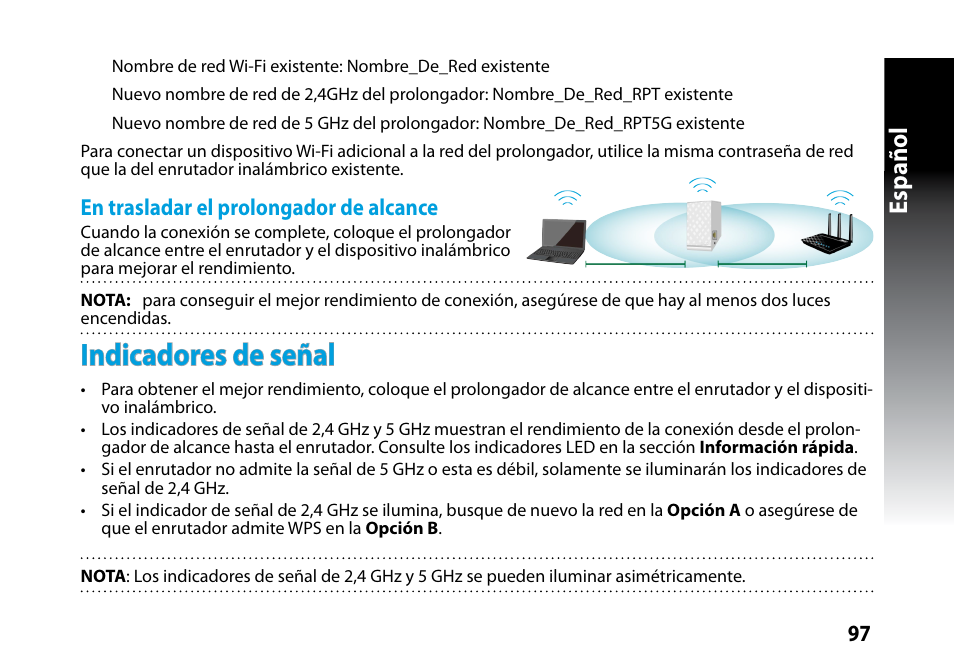 Indicadores de señal, Español, En trasladar el prolongador de alcance | Asus RP-N53 User Manual | Page 97 / 119