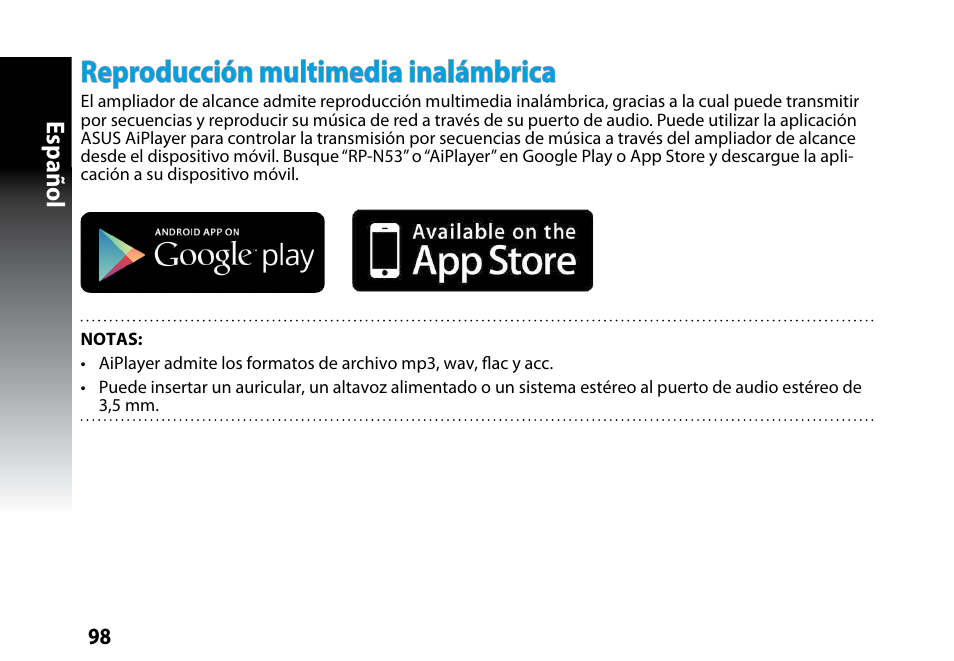Reproducción multimedia inalámbrica, Español | Asus RP-N53 User Manual | Page 98 / 119
