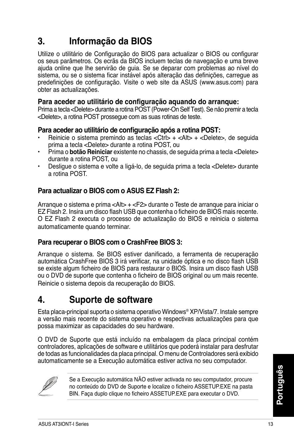 Informação da bios, Suporte de software, Português | Asus AT3IONT-I DELUXE User Manual | Page 13 / 28