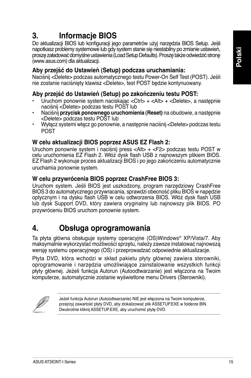 Informacje bios, Obsługa oprogramowania, Polski | Asus AT3IONT-I DELUXE User Manual | Page 15 / 28