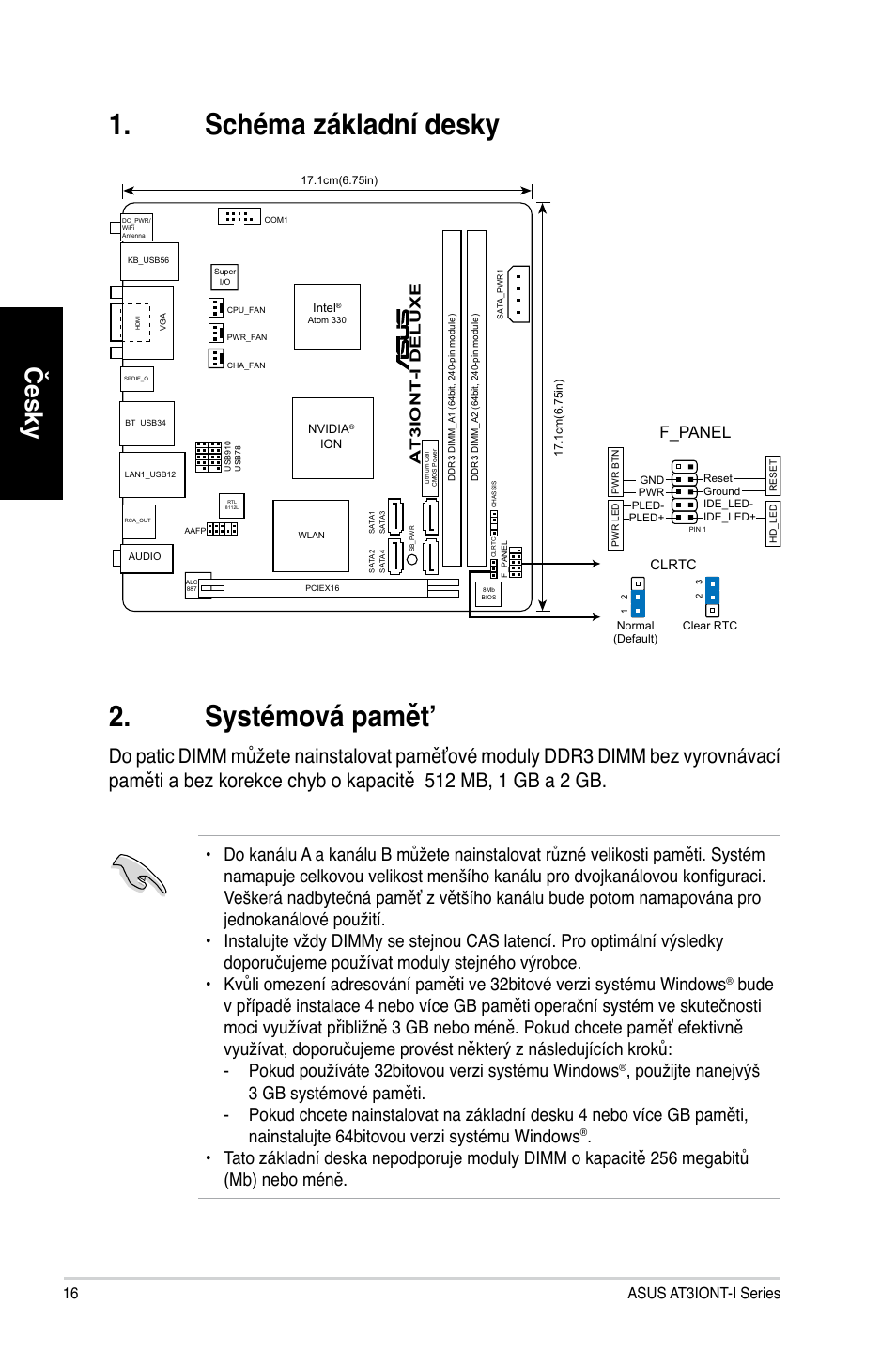 Schéma základní desky 2. systémová pamět, Česky, F_panel | Asus at3iont-i series | Asus AT3IONT-I DELUXE User Manual | Page 16 / 28