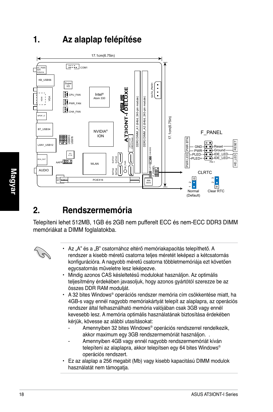 Az alaplap felépítése 2. rendszermemória, Magyar, F_panel | Asus at3iont-i series | Asus AT3IONT-I DELUXE User Manual | Page 18 / 28