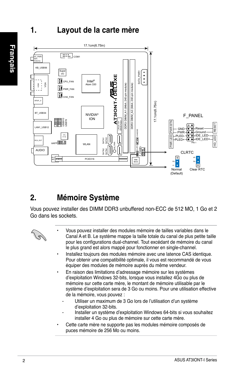 Mémoire système, Layout de la carte mère, Français | F_panel, Asus at3iont-i series | Asus AT3IONT-I DELUXE User Manual | Page 2 / 28