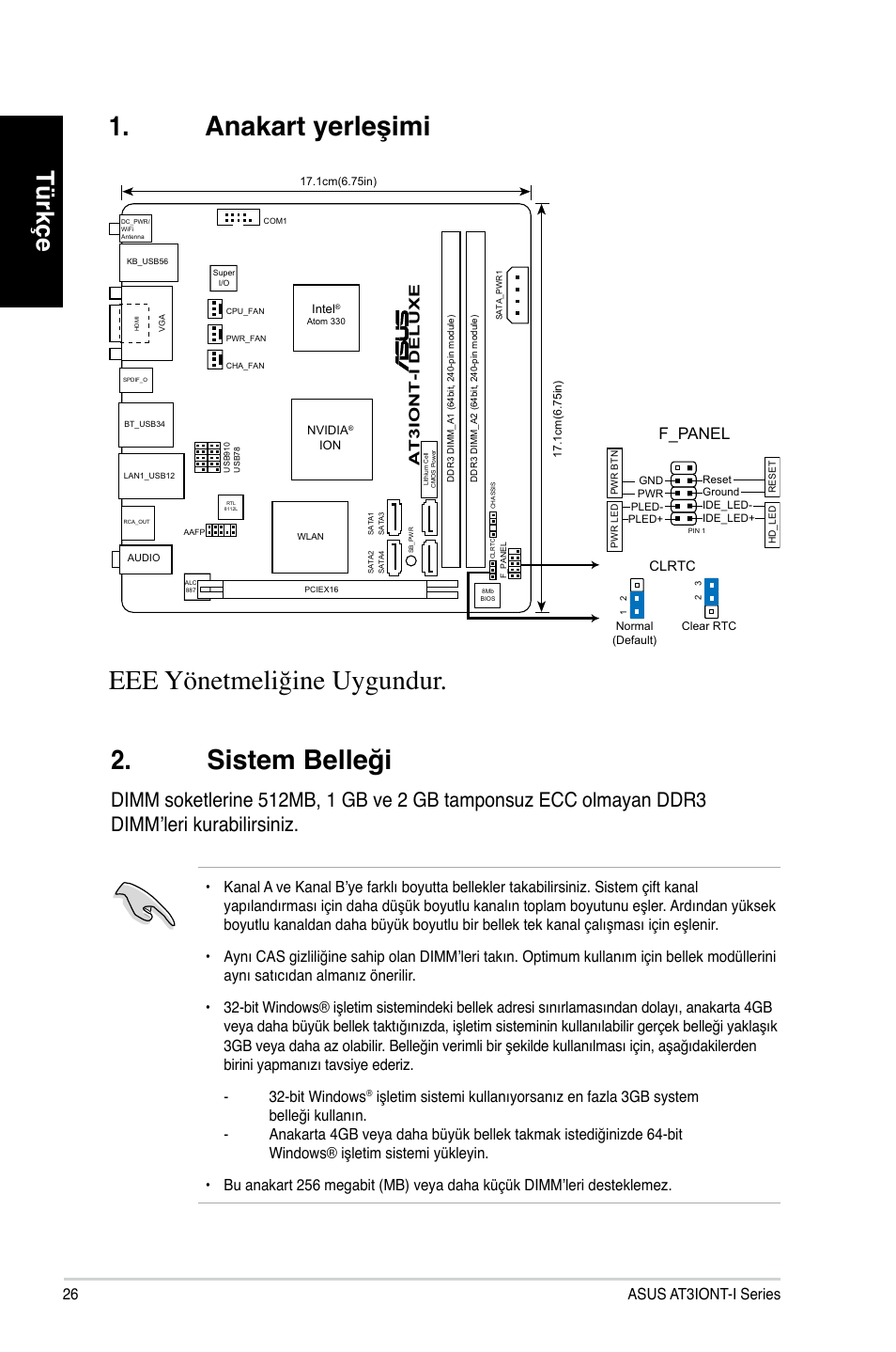 Anakart yerleşimi 2. sistem belleği, Eee yönetmeliğine uygundur, Türkçe | F_panel, Asus at3iont-i series | Asus AT3IONT-I DELUXE User Manual | Page 26 / 28