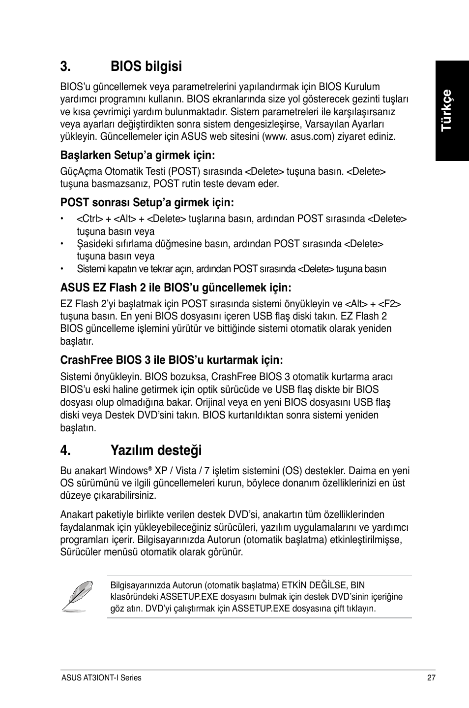 Bios bilgisi, Yazılım desteği, Türkçe | Asus AT3IONT-I DELUXE User Manual | Page 27 / 28