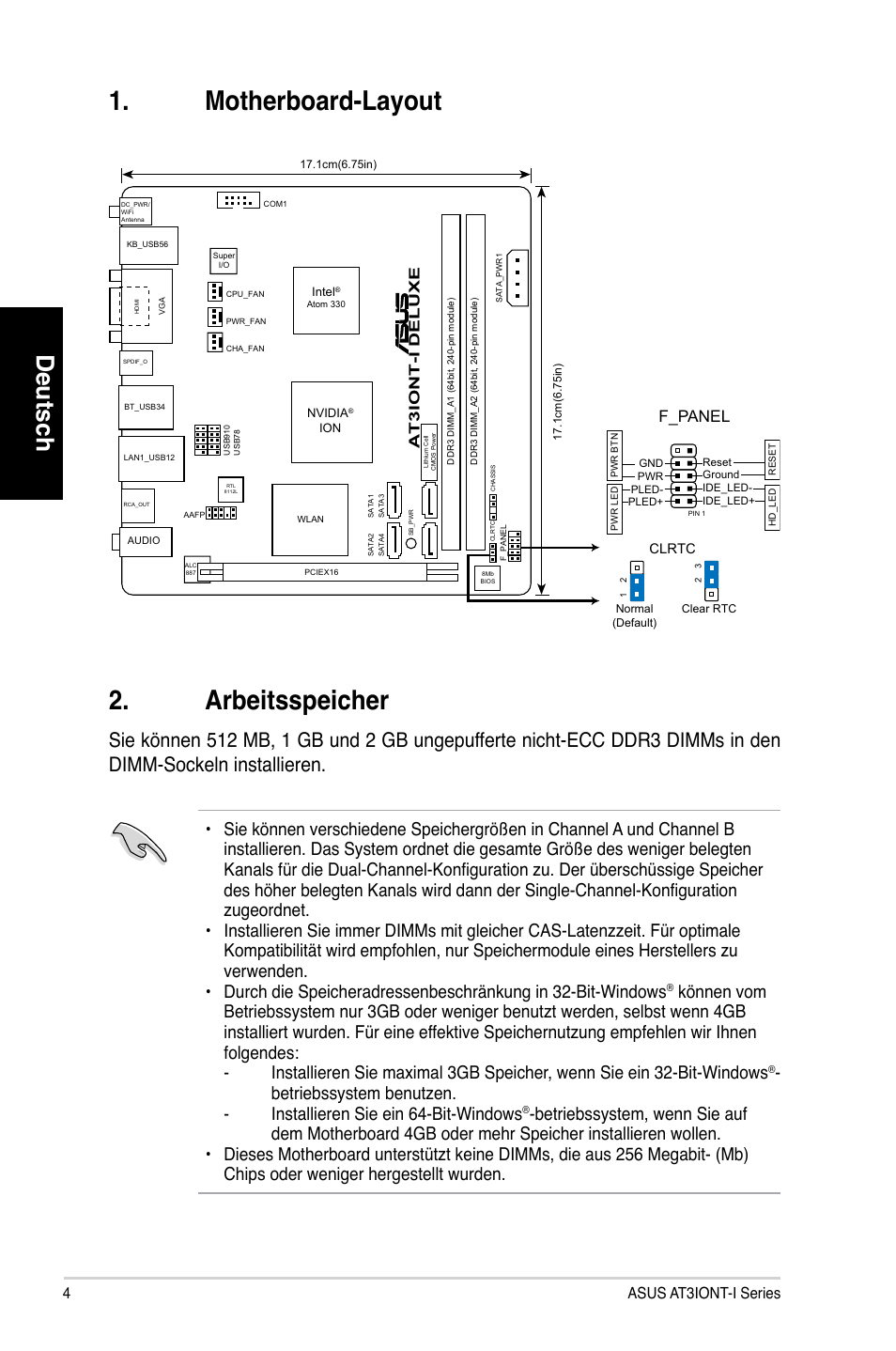 Motherboard-layout 2. arbeitsspeicher, Deutsch, F_panel | Asus at3iont-i series | Asus AT3IONT-I DELUXE User Manual | Page 4 / 28