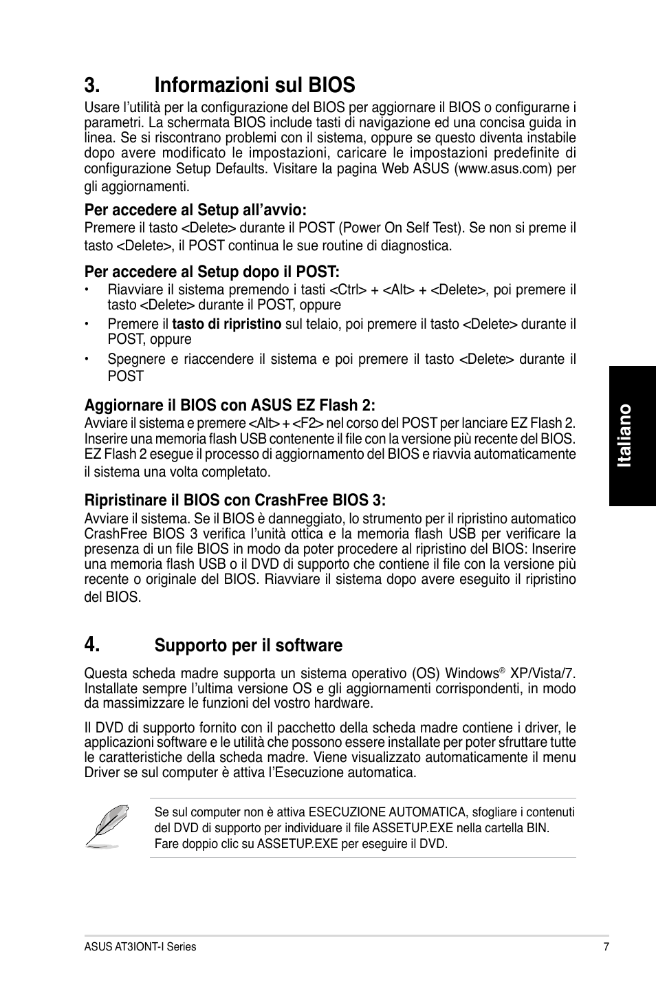 Informazioni sul bios, Italiano, Supporto per il software | Asus AT3IONT-I DELUXE User Manual | Page 7 / 28