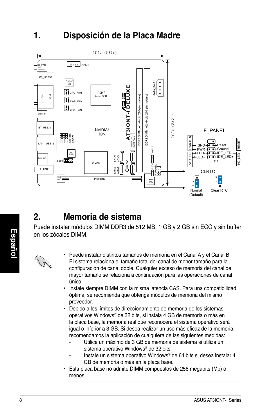 Español, De 32 bits. - instale un sistema operativo windows, F_panel | Asus at3iont-i series | Asus AT3IONT-I DELUXE User Manual | Page 8 / 28