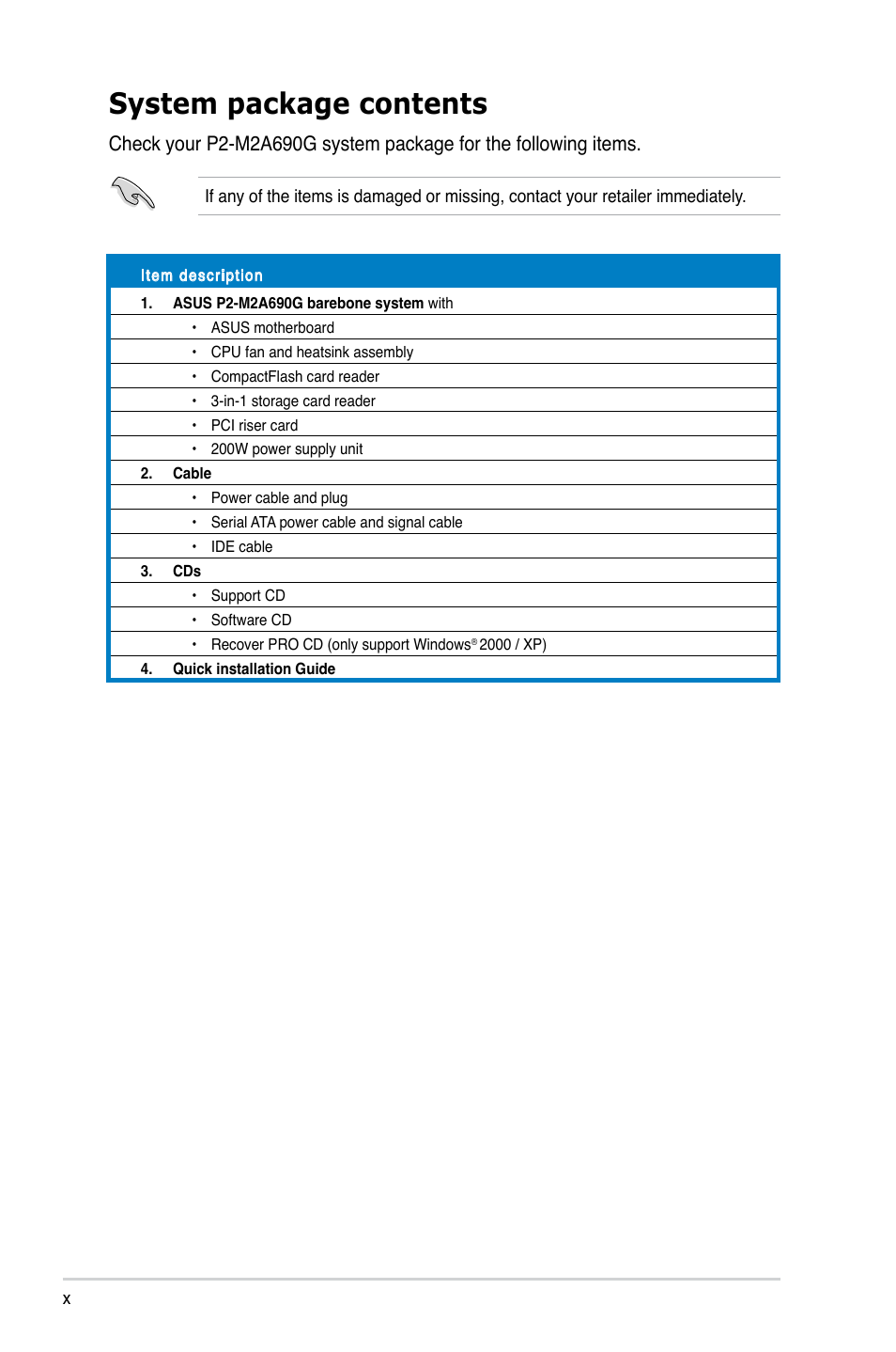 System package contents | Asus P2-M2A690G User Manual | Page 10 / 94