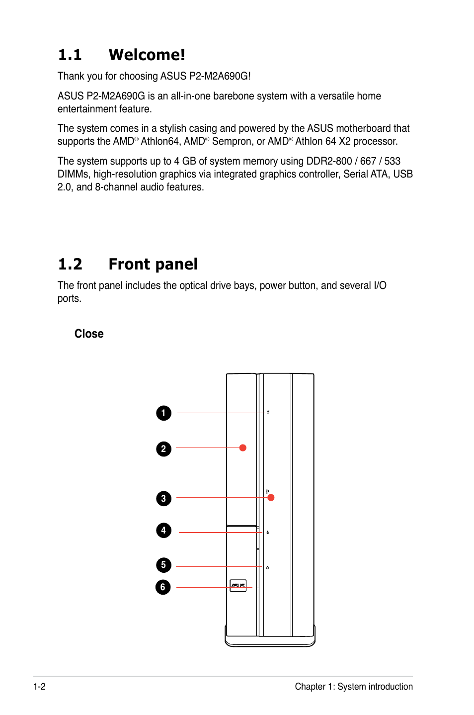 1 welcome, 2 front panel | Asus P2-M2A690G User Manual | Page 12 / 94