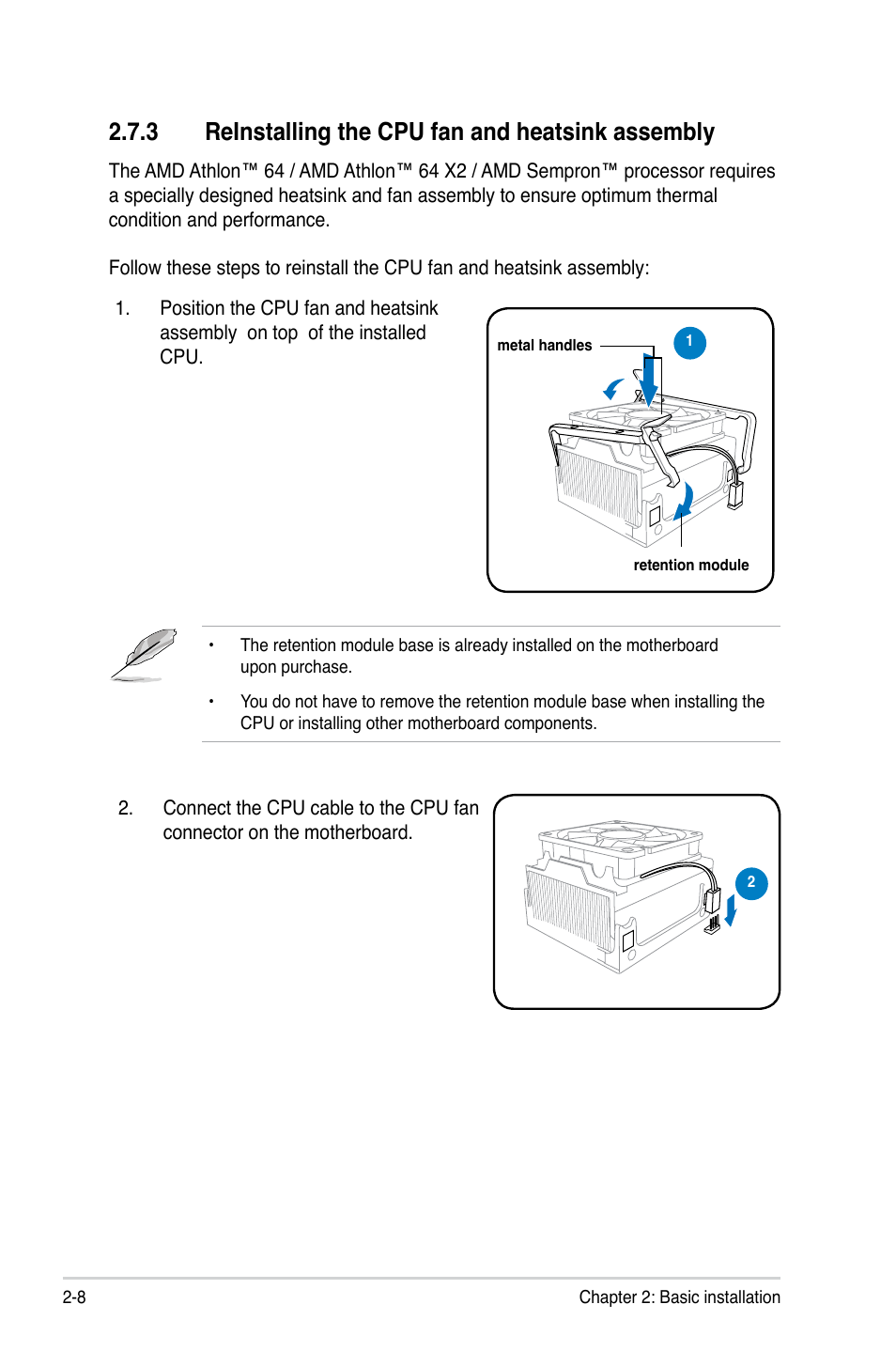 3 reinstalling the cpu fan and heatsink assembly | Asus P2-M2A690G User Manual | Page 24 / 94