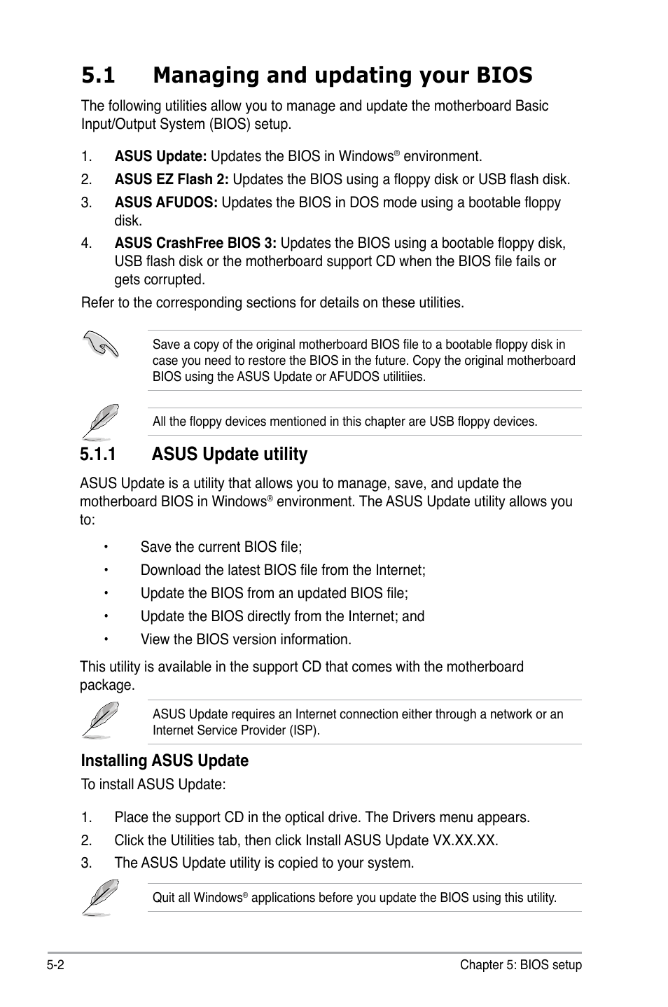 1 managing and updating your bios, 1 asus update utility | Asus P2-M2A690G User Manual | Page 60 / 94