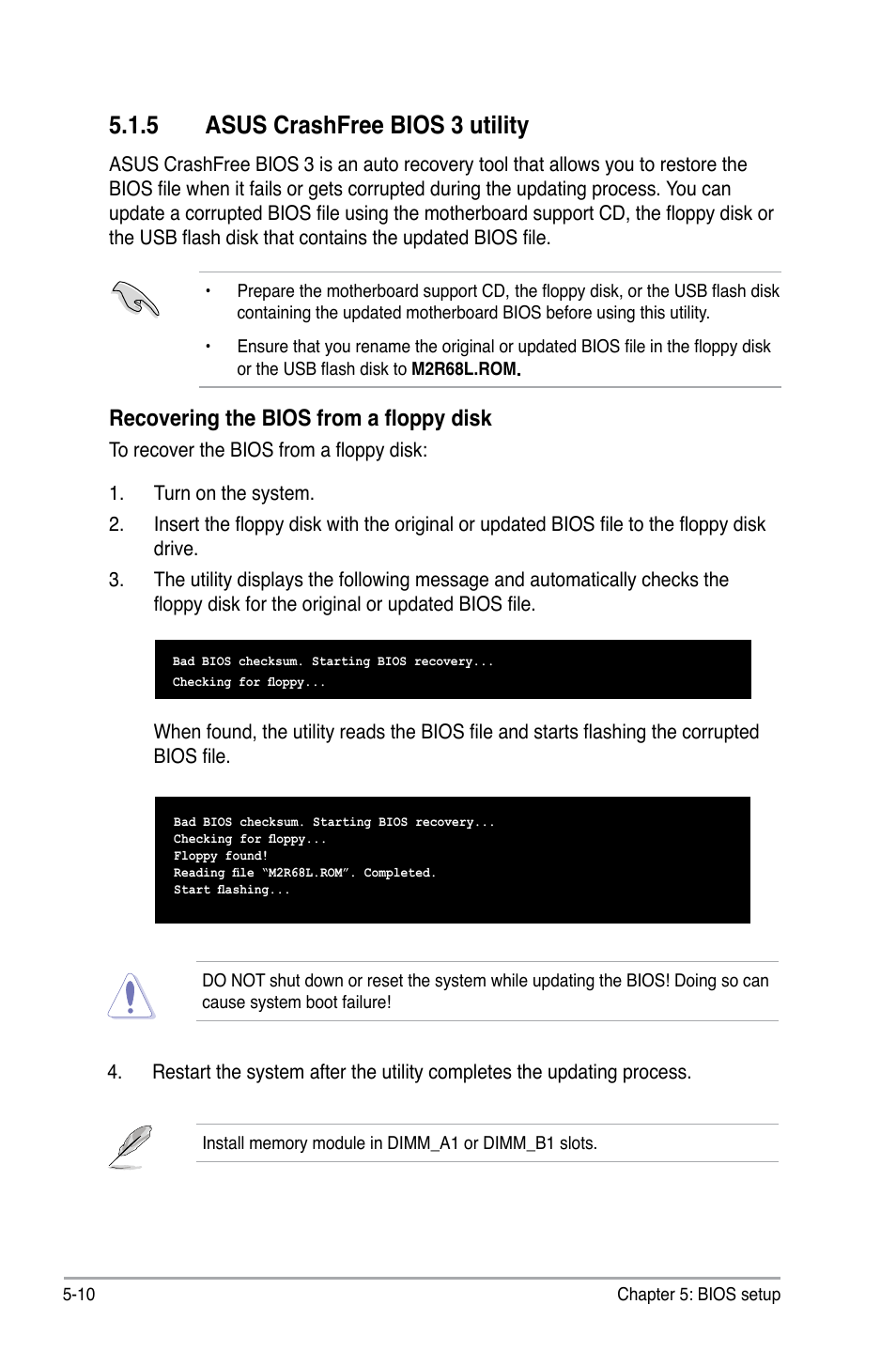 5 asus crashfree bios 3 utility, Recovering the bios from a floppy disk | Asus P2-M2A690G User Manual | Page 68 / 94