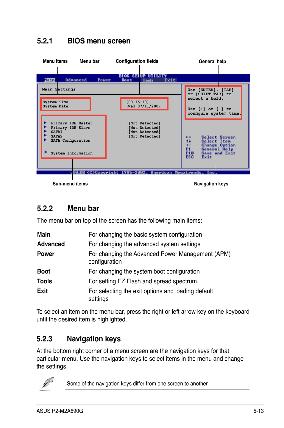 2 menu bar, 1 bios menu screen, 3 navigation keys | Asus P2-M2A690G User Manual | Page 71 / 94