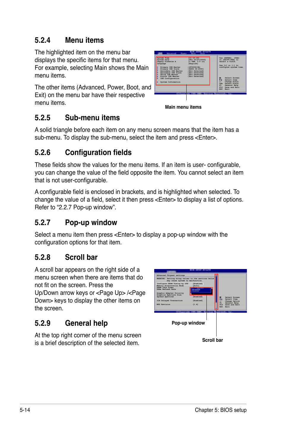 4 menu items, 5 sub-menu items, 6 configuration fields | 7 pop-up window, 8 scroll bar, 9 general help, 14 chapter 5: bios setup | Asus P2-M2A690G User Manual | Page 72 / 94