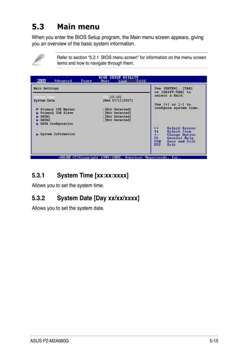 3 main menu, Allows you to set the system time, Allows you to set the system date | Asus P2-M2A690G User Manual | Page 73 / 94