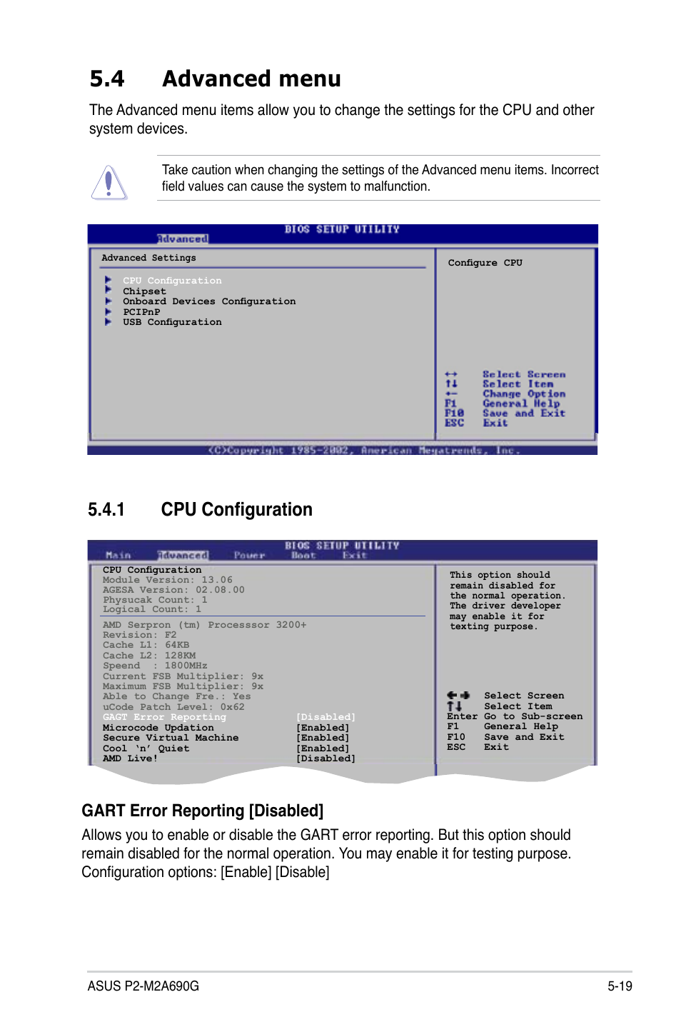 4 advanced menu, 1 cpu configuration, Gart error reporting [disabled | Asus P2-M2A690G User Manual | Page 77 / 94