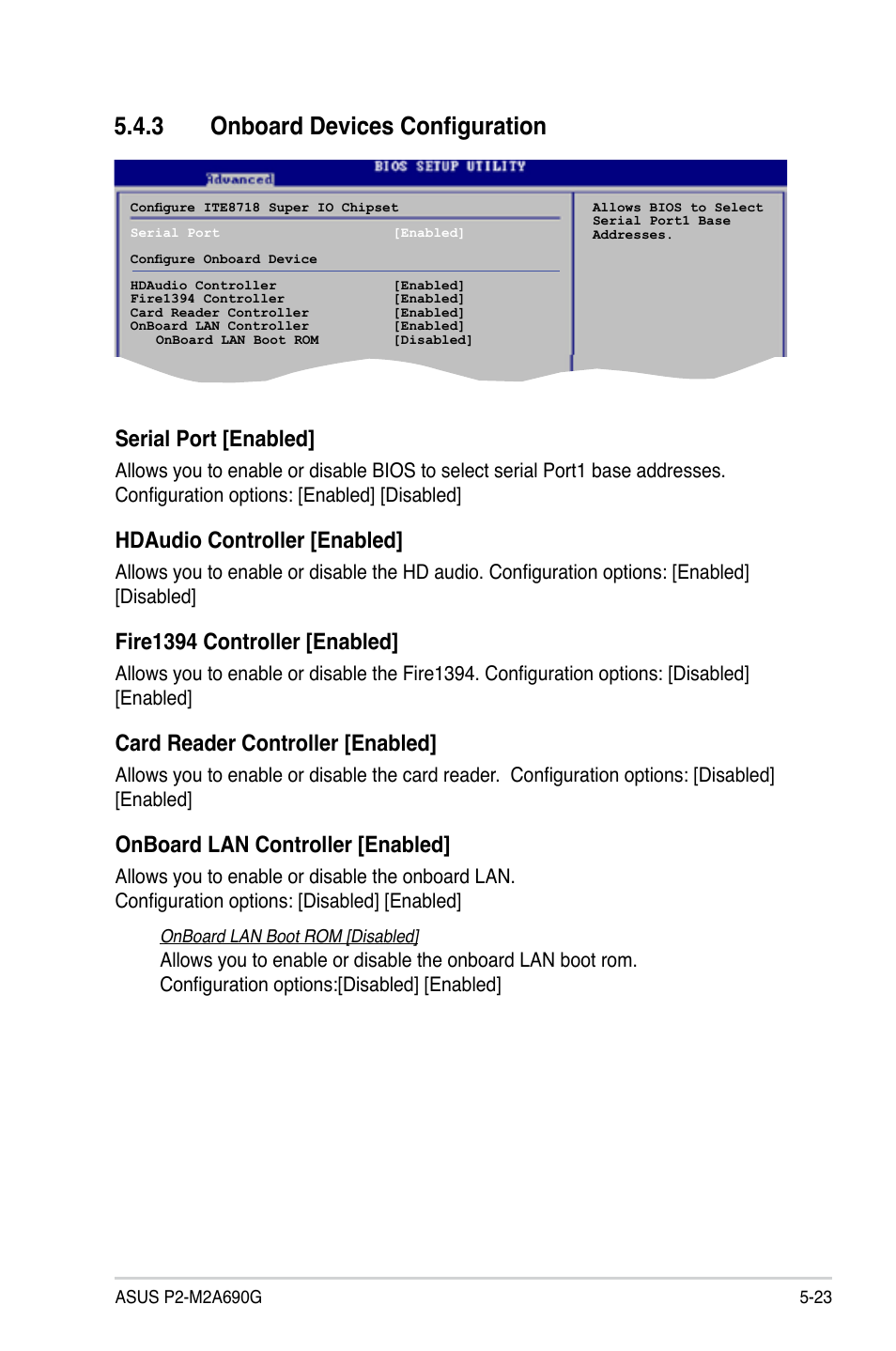 3 onboard devices configuration, Serial port [enabled, Hdaudio controller [enabled | Fire1394 controller [enabled, Card reader controller [enabled, Onboard lan controller [enabled | Asus P2-M2A690G User Manual | Page 81 / 94