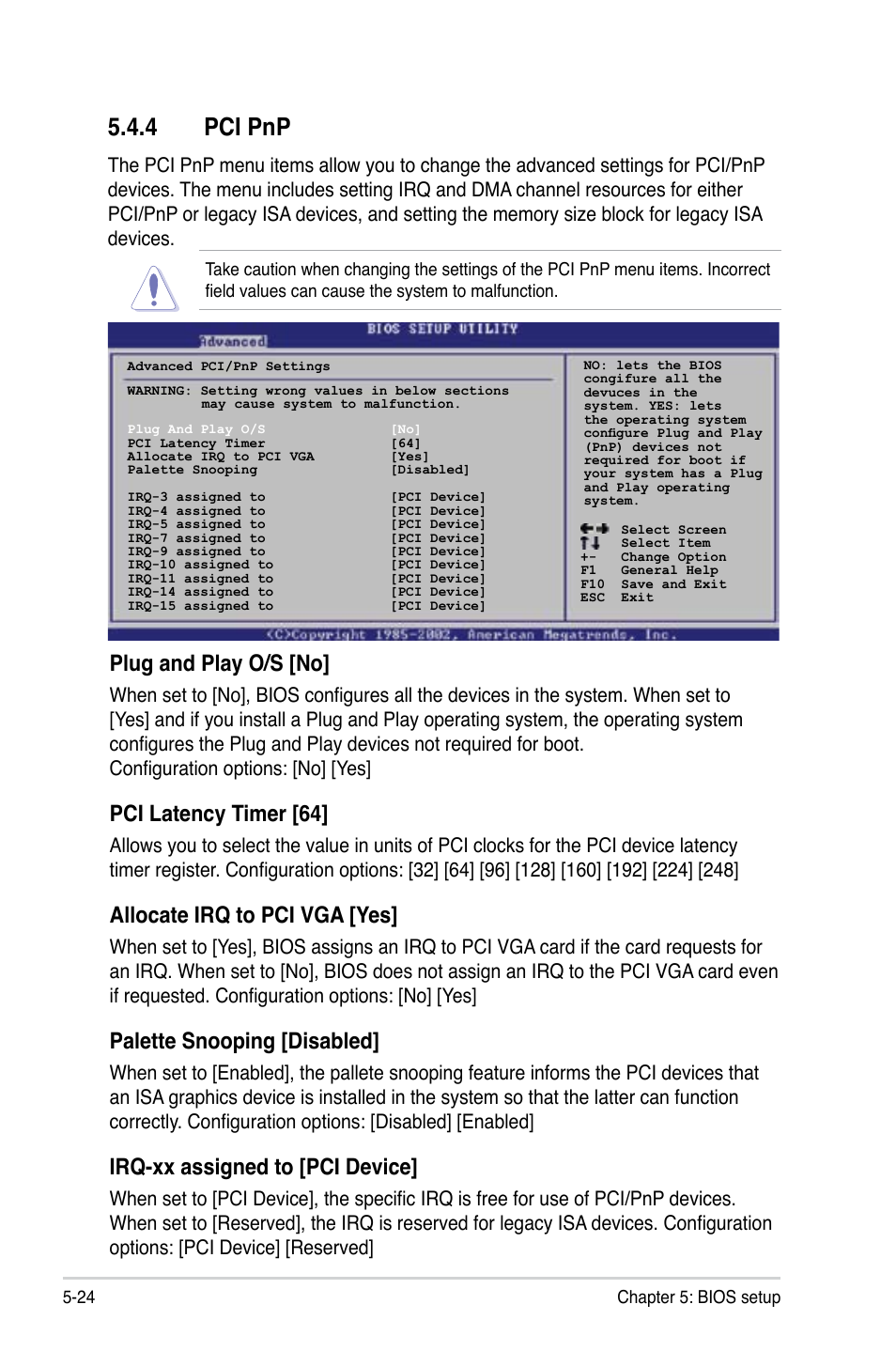 4 pci pnp, Plug and play o/s [no, Pci latency timer [64 | Allocate irq to pci vga [yes, Palette snooping [disabled, Irq-xx assigned to [pci device | Asus P2-M2A690G User Manual | Page 82 / 94