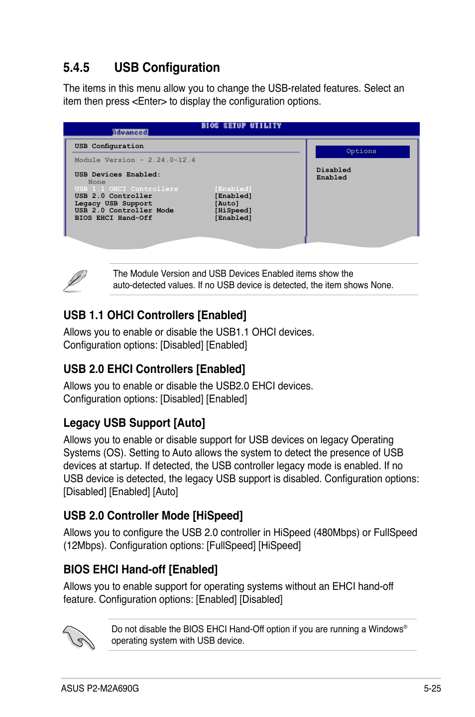 5 usb configuration, Usb 1.1 ohci controllers [enabled, Usb 2.0 ehci controllers [enabled | Legacy usb support [auto, Usb 2.0 controller mode [hispeed, Bios ehci hand-off [enabled | Asus P2-M2A690G User Manual | Page 83 / 94