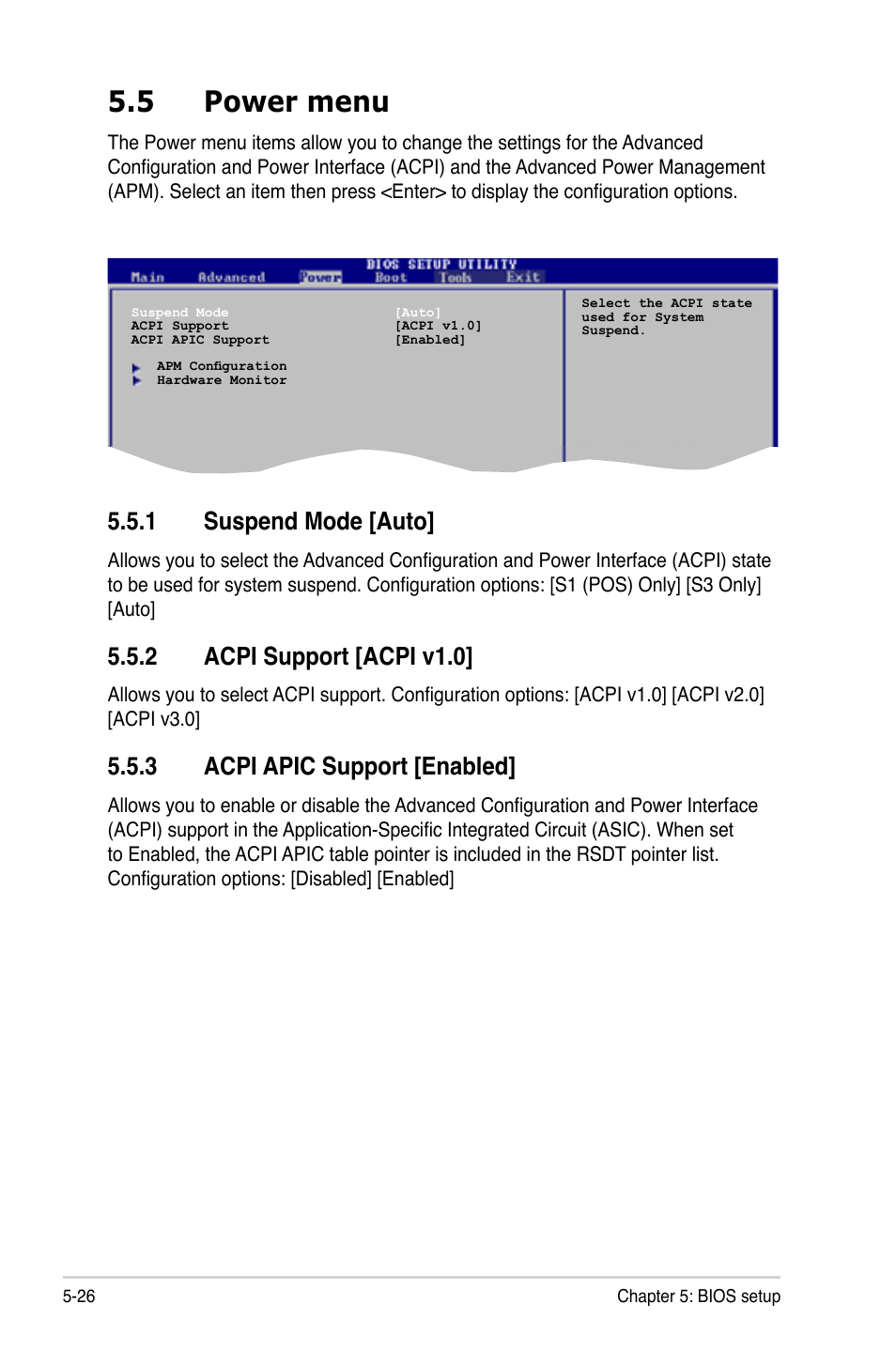 5 power menu, 1 suspend mode [auto, 2 acpi support [acpi v1.0 | 3 acpi apic support [enabled | Asus P2-M2A690G User Manual | Page 84 / 94